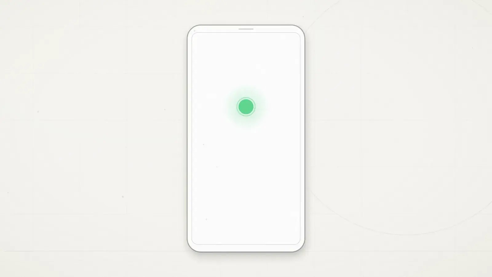 A drawing on pale paper of one upright phone, outlined in grey, whose otherwise empty screen holds a single glowing mint dot near the centre.