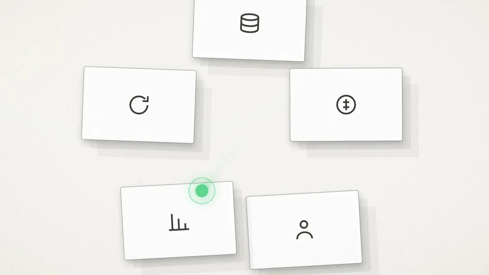 Five white cards sit around the paper, each carrying one ink icon for a database, a refresh arrow, a circled mark, a bar chart and a person, and the mint dot glows against the top edge of the bar chart card.