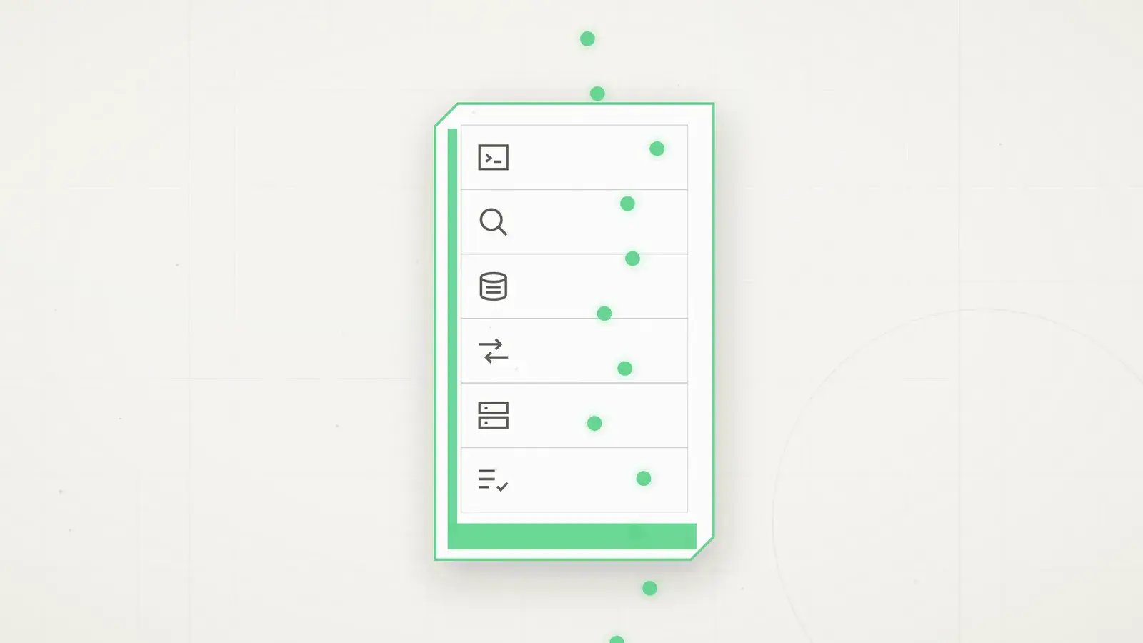 The six boxes have folded into one tall card edged in mint, its six icons now rows divided by hairlines, and the mint dots wind down through it with no boundary left to cross.