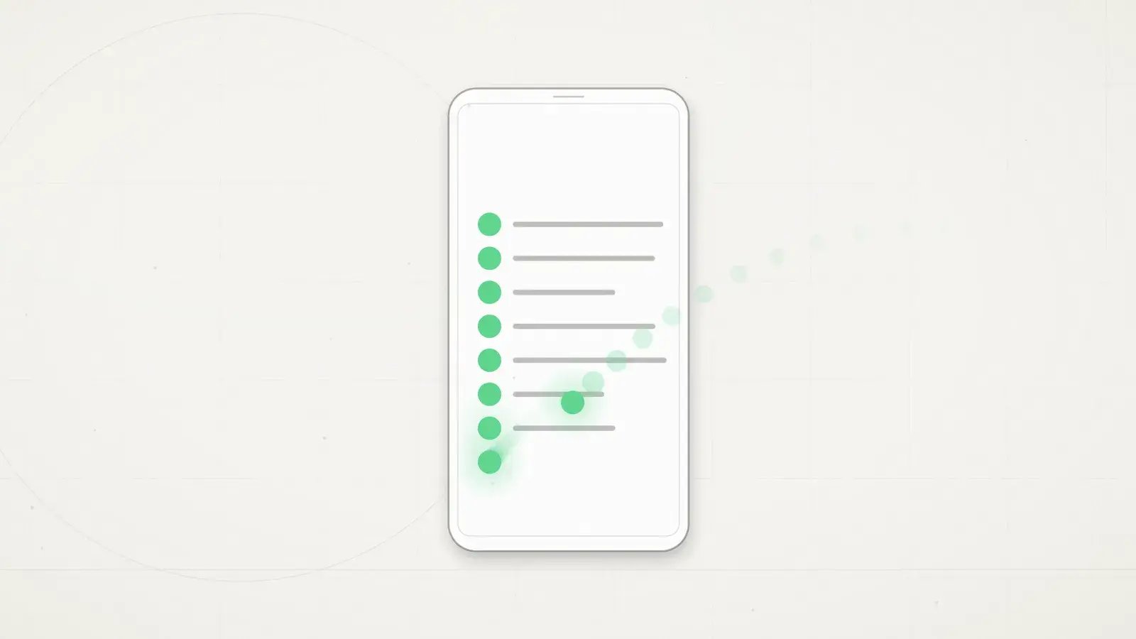 The phone returns with eight mint dots stacked down the left of its screen, seven of them already beside a short grey bar of an answer, and a trail of fainter dots curving in from the right to join them.